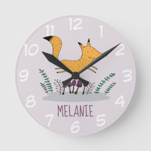Cute Fox Illustration Kids Personlig Rund Klocka