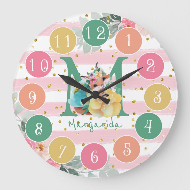 Cute Fox Illustration Sweet Monogram Large Clock Stor Klocka (Framsida)
