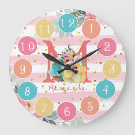Cute Fox Illustration Sweet Monogram Large Clock Stor Klocka