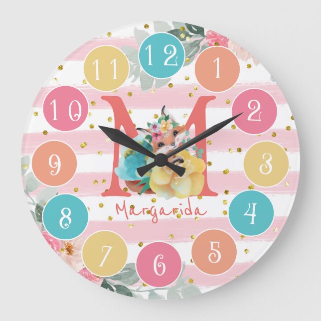 Cute Fox Illustration Sweet Monogram Large Clock Stor Klocka (Framsida)