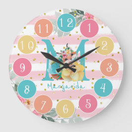 Cute Fox Illustration Sweet Monogram Large Clock Stor Klocka