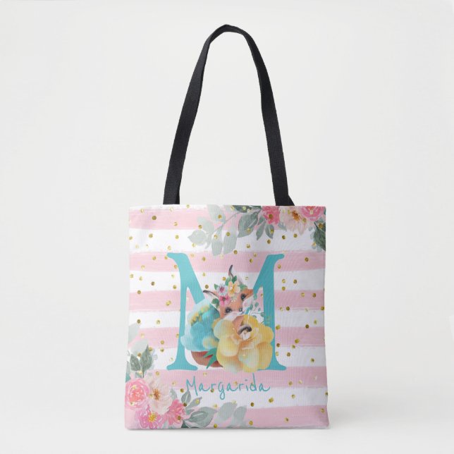 Cute Fox Illustration Sweet Monogram Tygkasse (Framsida)