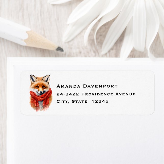 Cute Fox in a Red Scarf Autumn Image Address Returadress Etikett (Insitu)