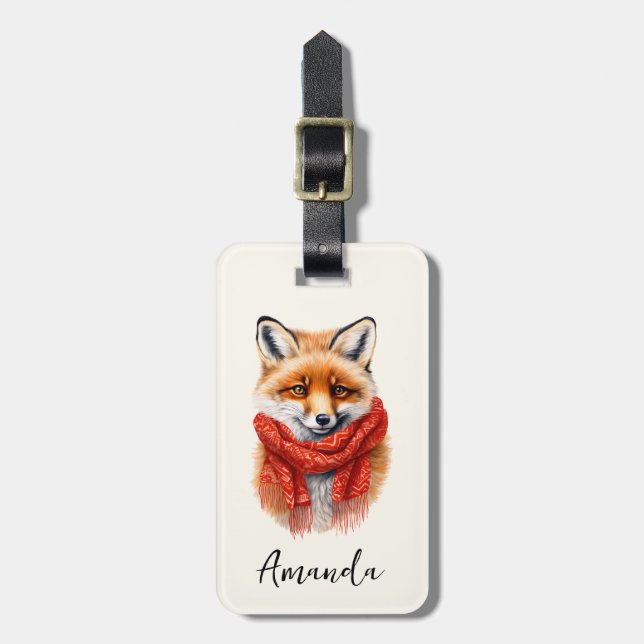 Cute Fox in a Red Scarf Autumn Image Bagagebricka (Vertikal Framsida)