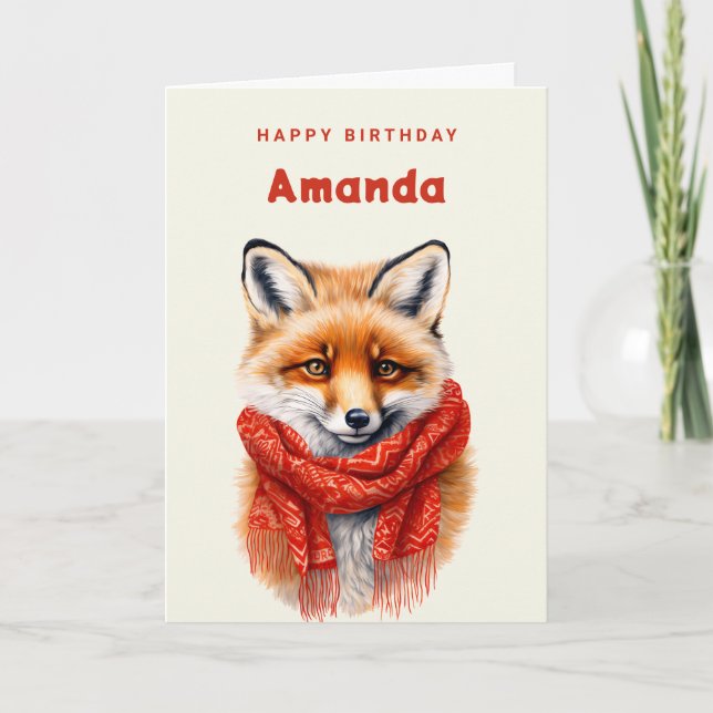 Cute Fox in a Red Scarf Autumn Image Birthday Kort (Framsida)