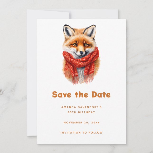 Cute Fox in a Red Scarf Autumn Image Birthday Spara Datumet (Framsida)