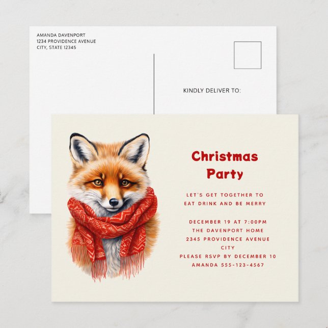 Cute Fox in a Red Scarf Autumn Image Christmas Inbjudan Vykort (Fram/baksida)