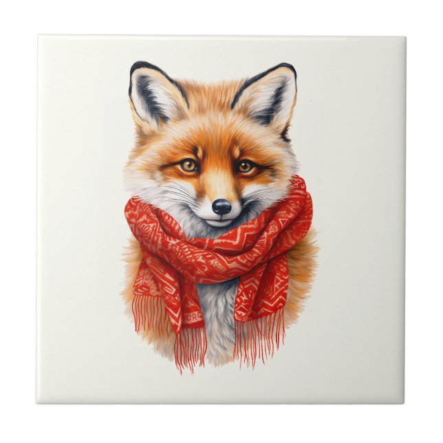 Cute Fox in a Red Scarf Autumn Image Kakelplatta (Framsidan)