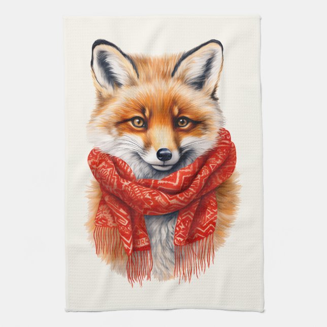 Cute Fox in a Red Scarf Autumn Image Kökshandduk (Vertikal)