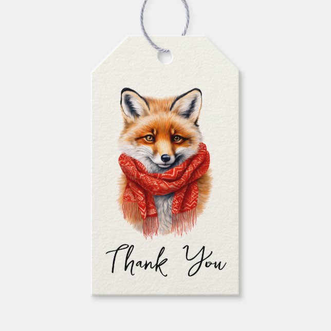 Cute Fox in a Red Scarf Autumn Image Thank You Presentetikett (Framsidan)