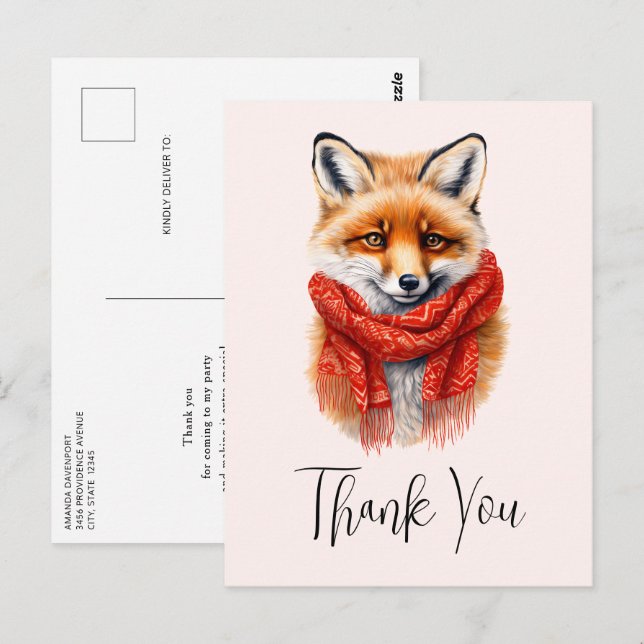 Cute Fox in a Red Scarf Autumn Image Thank You Vykort (Fram/baksida)