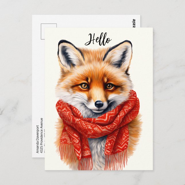 Cute Fox in a Red Scarf Autumn Image Vykort (Fram/baksida)