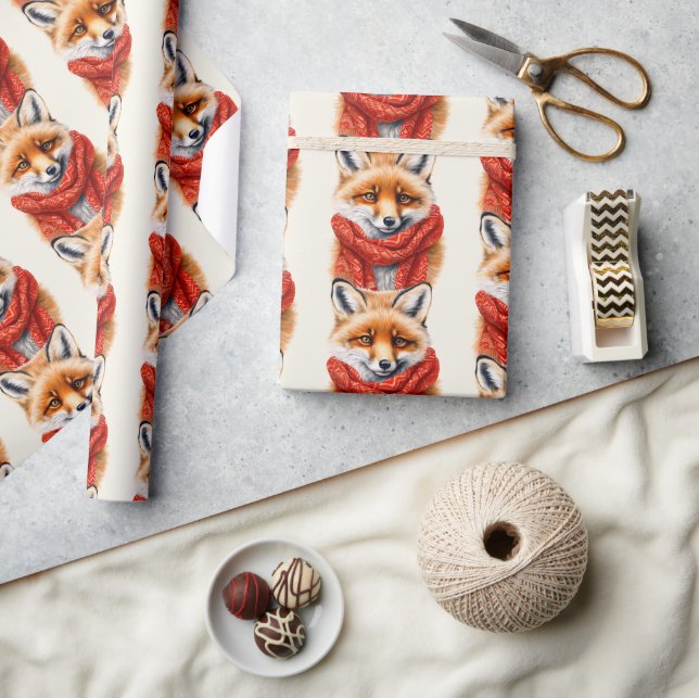 Cute Fox in a Red Scarf Autumn Pattern Presentpapper (Hantverk)