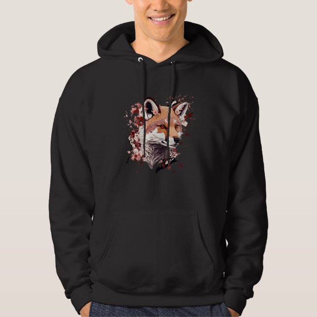 Cute Fox Japanese  Cherry Blossom Flower Artwork Hoodie (Framsida)
