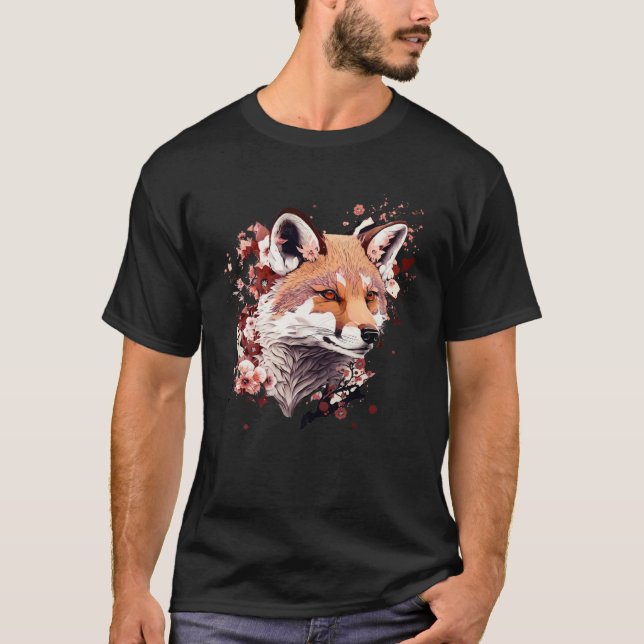 Cute Fox Japanese  Cherry Blossom Flower Artwork T Shirt (Framsida)