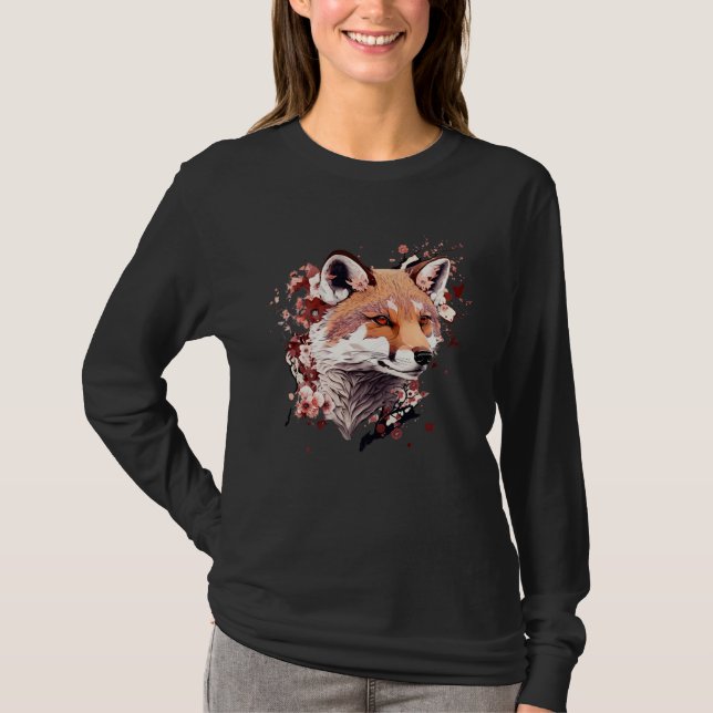 Cute Fox Japanese  Cherry Blossom Flower Artwork T Shirt (Framsida)