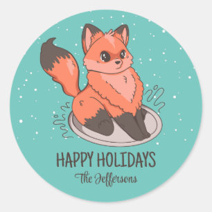 Cute Fox jul - Helgdag för snö vinter Runt Klistermärke