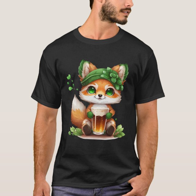 Cute Fox Loves Beer St Patrick s Day T Shirt (Framsida)