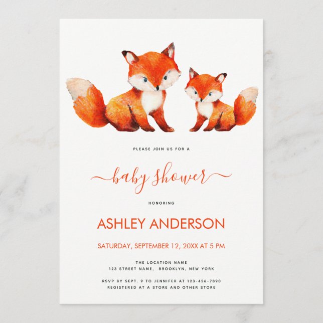 Cute Fox Mama and Baby Shower Red Watercolor  Inbjudningar (Framsida)