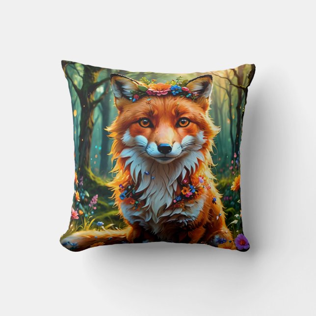 Cute Fox med Blommigt Krona Kudde (Framsida)