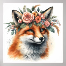 Cute Fox med Blommigt Krona poster