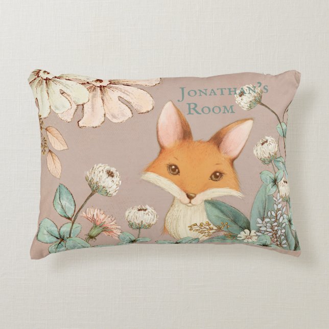 Cute Fox med Blommigt WandeScript Nursery Prydnadskudde (Framsidan)