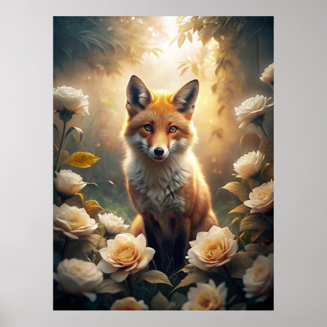 Cute Fox med blommor Poster (Framsidan)