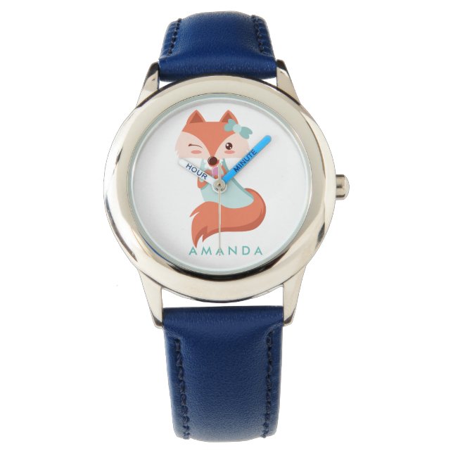 Cute FOX MED BLUE BOW OCH SPEGEL Personlig Armbandsur (Framsida)