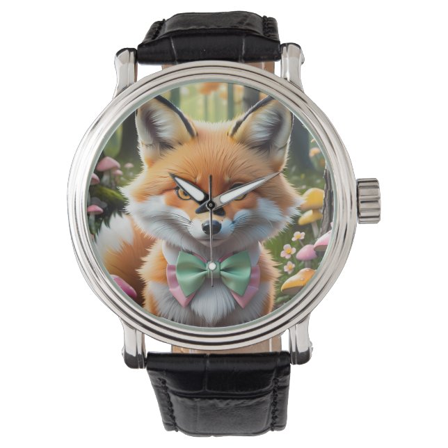 Cute Fox med en Grönt och Rosa båge Armbandsur (Framsida)