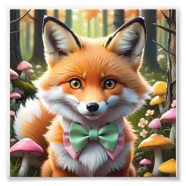 Cute Fox med en Grönt och Rosa båge Fototryck (Framsidan)