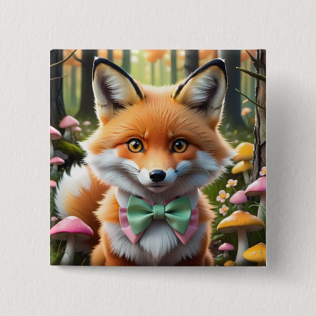 Cute Fox med en Grönt och Rosa båge Knapp (Framsida)