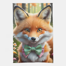 Cute Fox med en Grönt och Rosa båge Kökshandduk