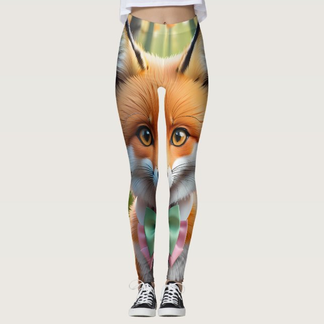 Cute Fox med en Grönt och Rosa båge Leggings (Framsida)