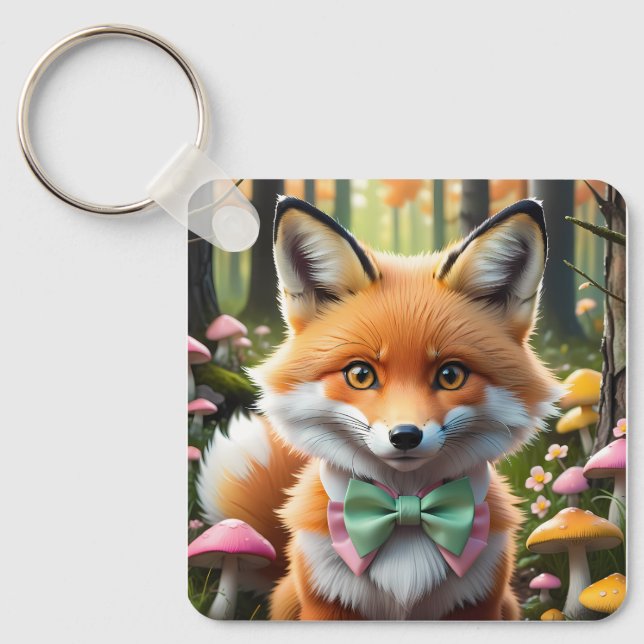 Cute Fox med en Grönt och Rosa båge Nyckelring (Framsida)