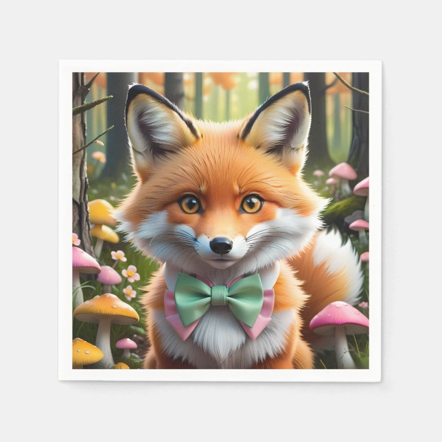 Cute Fox med en Grönt och Rosa båge Pappersservett (Framsidan)