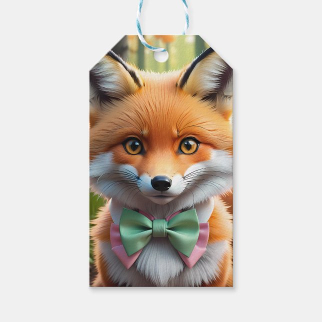 Cute Fox med en Grönt och Rosa båge Presentetikett (Framsidan)