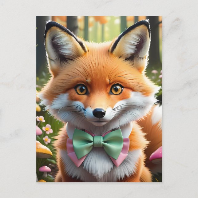 Cute Fox med en Grönt och Rosa båge Vykort (Framsida)