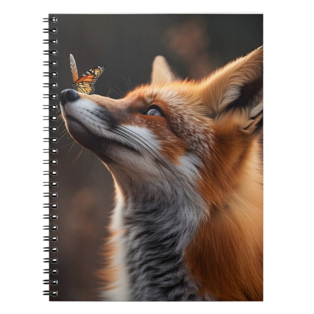 Cute fox med fjäril sitta på näsan anteckningsbok (Framsidan)