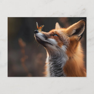Cute fox med fjäril sitta på näsan helg vykort