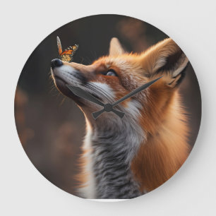 Cute fox med fjäril sitta på näsan stor klocka