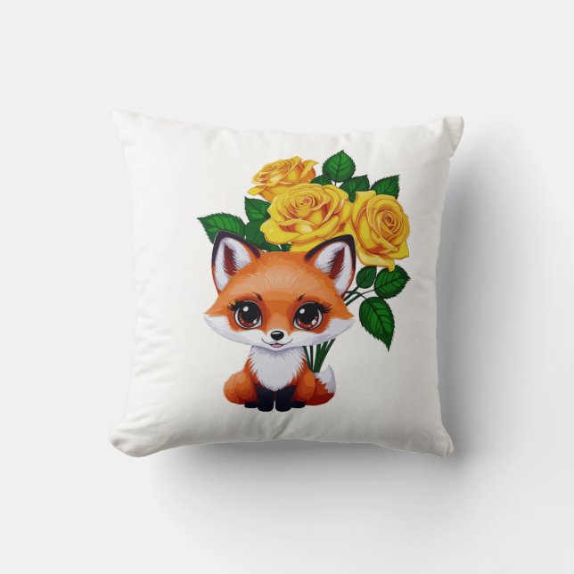 Cute Fox med Gul ros Kudde (Framsida)