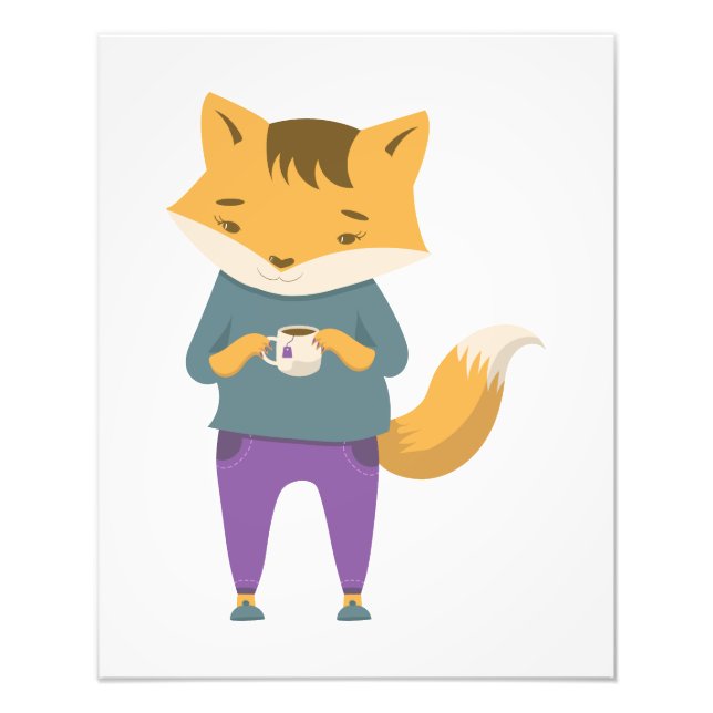 Cute fox med kopp i te fototryck (Framsidan)