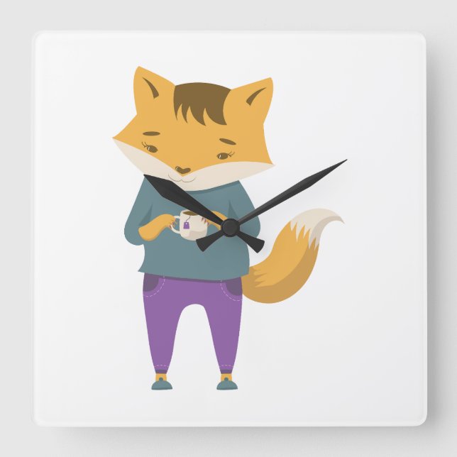 Cute fox med kopp i te fyrkantig klocka (Framsida)