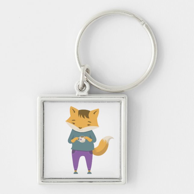 Cute fox med kopp i te fyrkantig silverfärgad nyckelring (Framsidan)