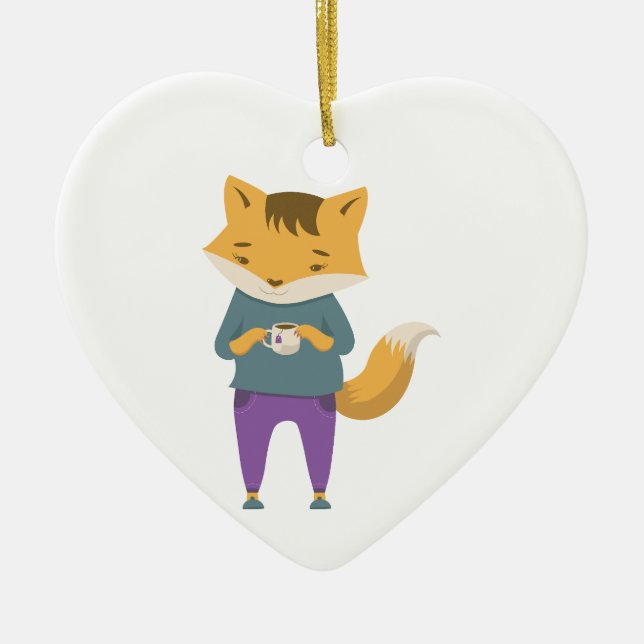 Cute fox med kopp i te julgransprydnad keramik (Framsidan)