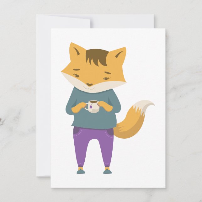 Cute fox med kopp i te julkort (Framsida)