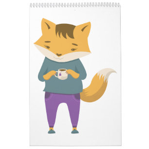 Cute fox med kopp i te kalender