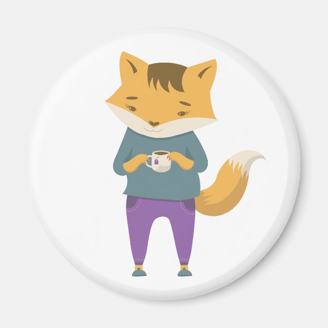 Cute fox med kopp i te magnet (Framsidan)