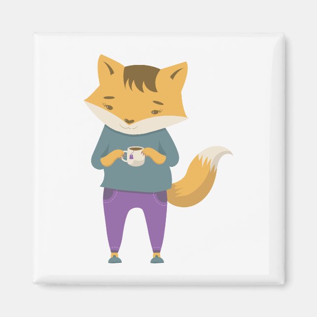 Cute fox med kopp i te magnet (Framsidan)