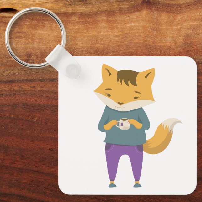 Cute fox med kopp i te nyckelring (Framsida)